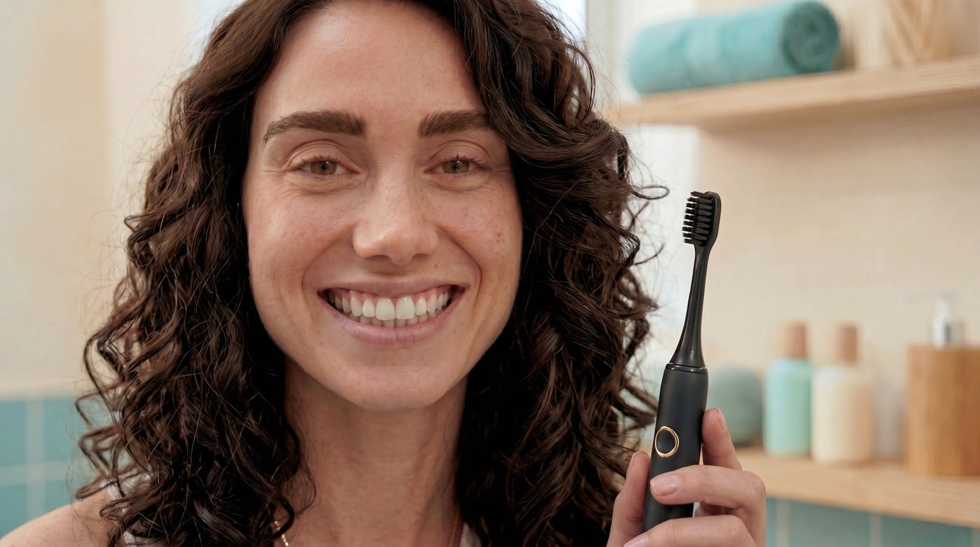 Mujer sonriendo con cepillo eléctrico sónico Sonrisas
